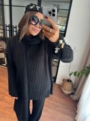 Şallı triko takım 3’lü set siyah