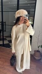 Şallı triko takım 3’lü set ekru