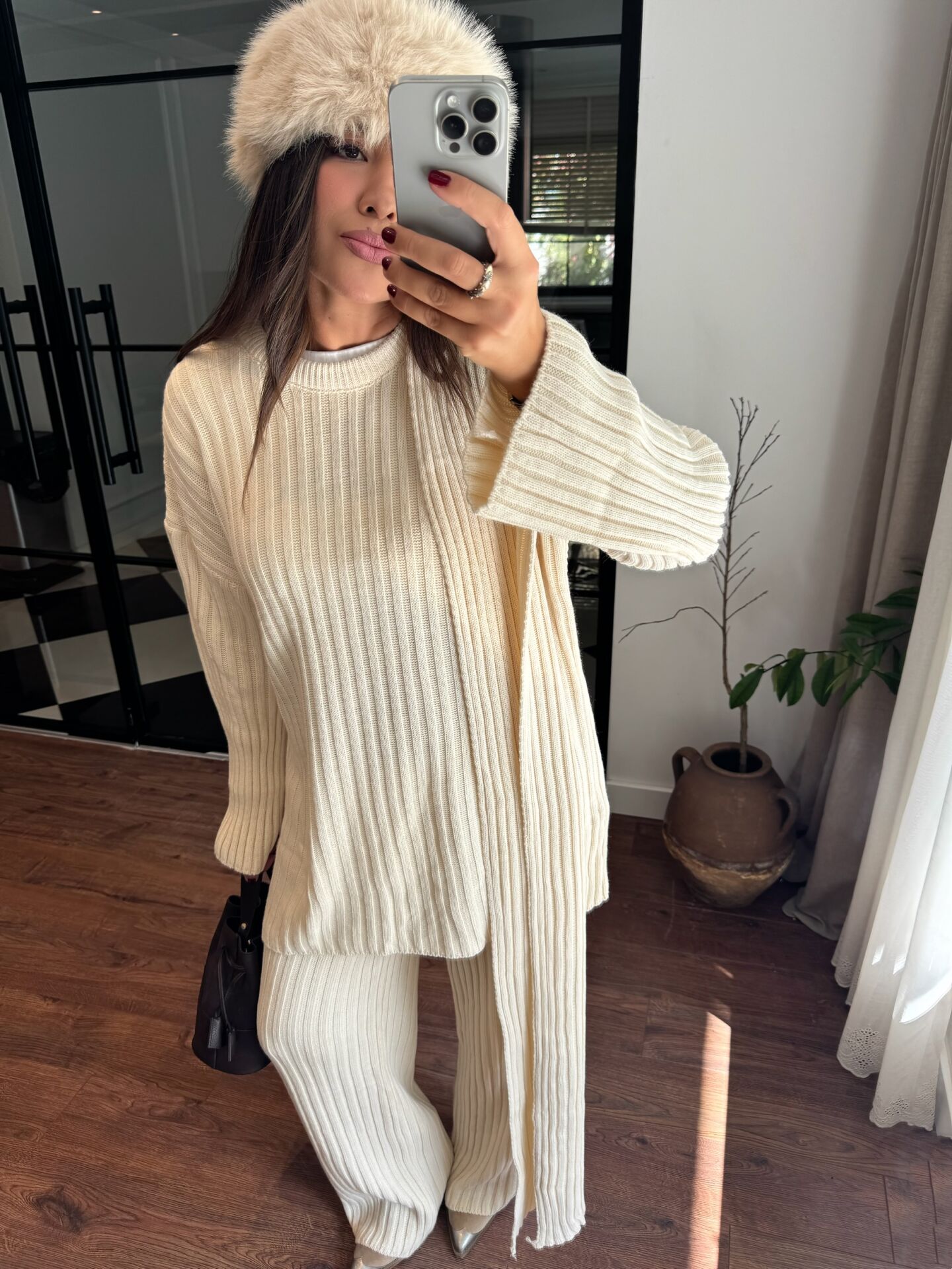 Şallı triko takım 3’lü set ekru