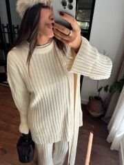 Şallı triko takım 3’lü set ekru