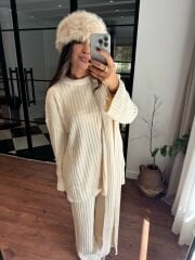 Şallı triko takım 3’lü set ekru