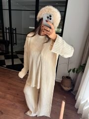 Şallı triko takım 3’lü set ekru