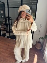 Şallı triko takım 3’lü set ekru