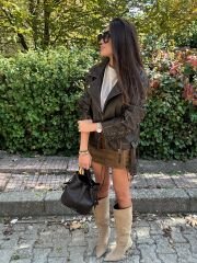 Premium seri kuşgözü detaylı kahve biker ceket