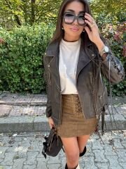 Premium seri kuşgözü detaylı kahve biker ceket