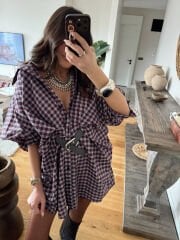 Kemerli Ekoseli Salaş Elbise