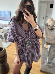 Kemerli Ekoseli Salaş Elbise