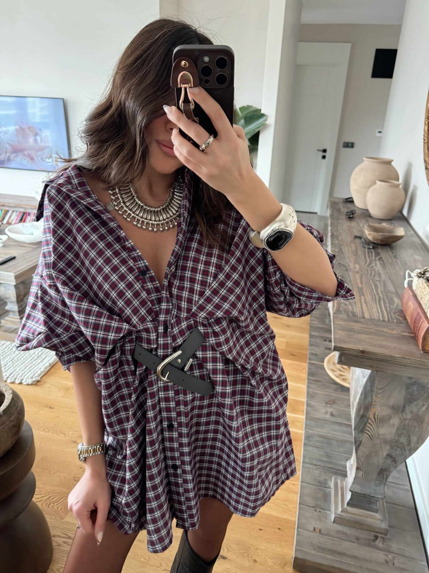 Kemerli Ekoseli Salaş Elbise