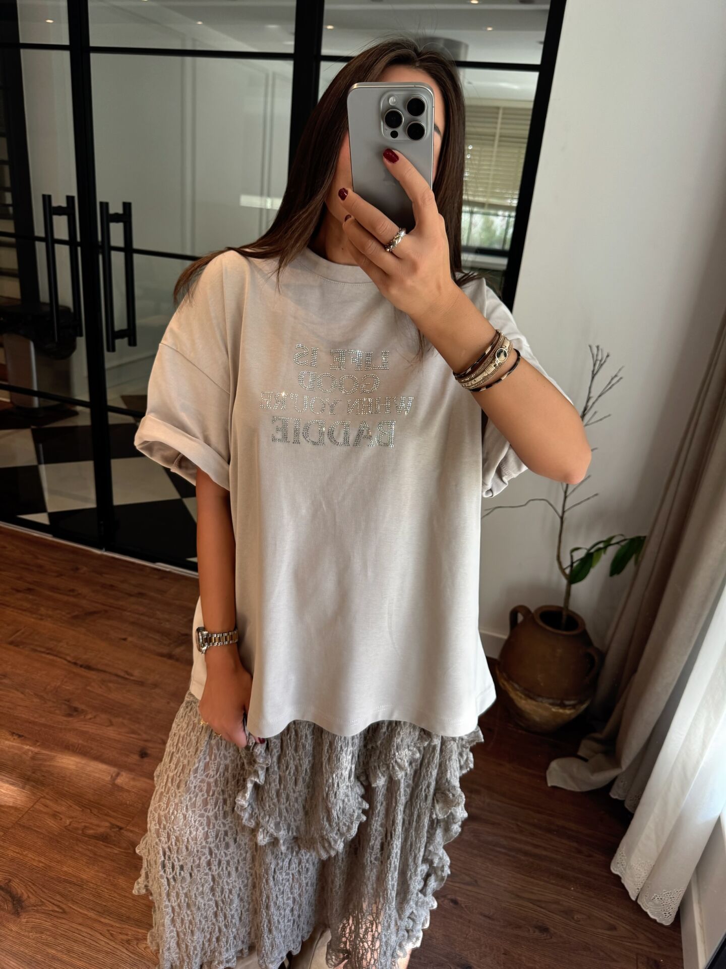 Özel üretim vizon oversize baddie taşlı tunik tshirt