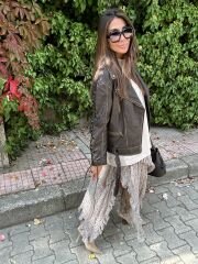 İpek dantel yanları kısalan vizon maxi etek