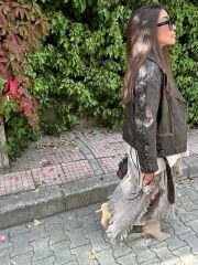 İpek dantel yanları kısalan vizon maxi etek