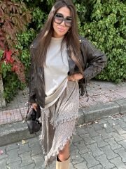 İpek dantel yanları kısalan vizon maxi etek