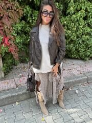 İpek dantel yanları kısalan vizon maxi etek