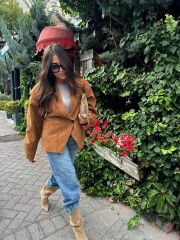 Premium Özel Üretim Taba Nubuk Belden Oturan Ceket