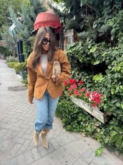 Premium Özel Üretim Taba Nubuk Belden Oturan Ceket