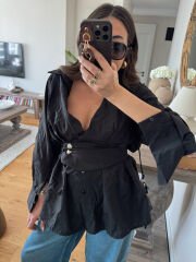 Kuşaklı Kırışık Gömlek Siyah