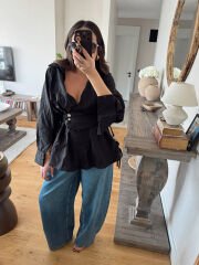 Kuşaklı Kırışık Gömlek Siyah