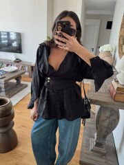 Kuşaklı Kırışık Gömlek Siyah