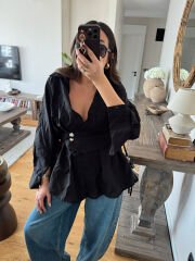 Kuşaklı Kırışık Gömlek Siyah