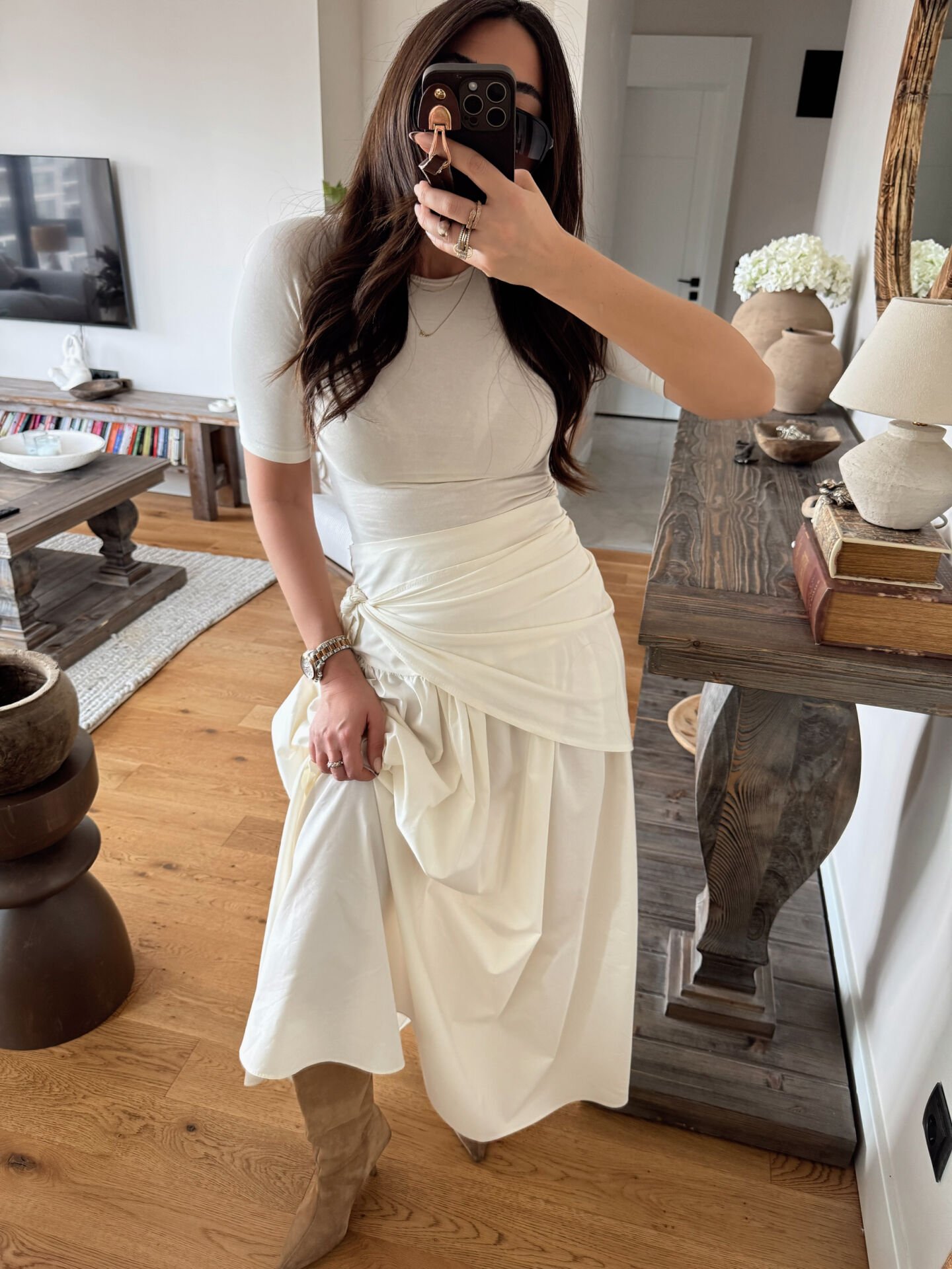 Şal detay poplin closh etek ekru