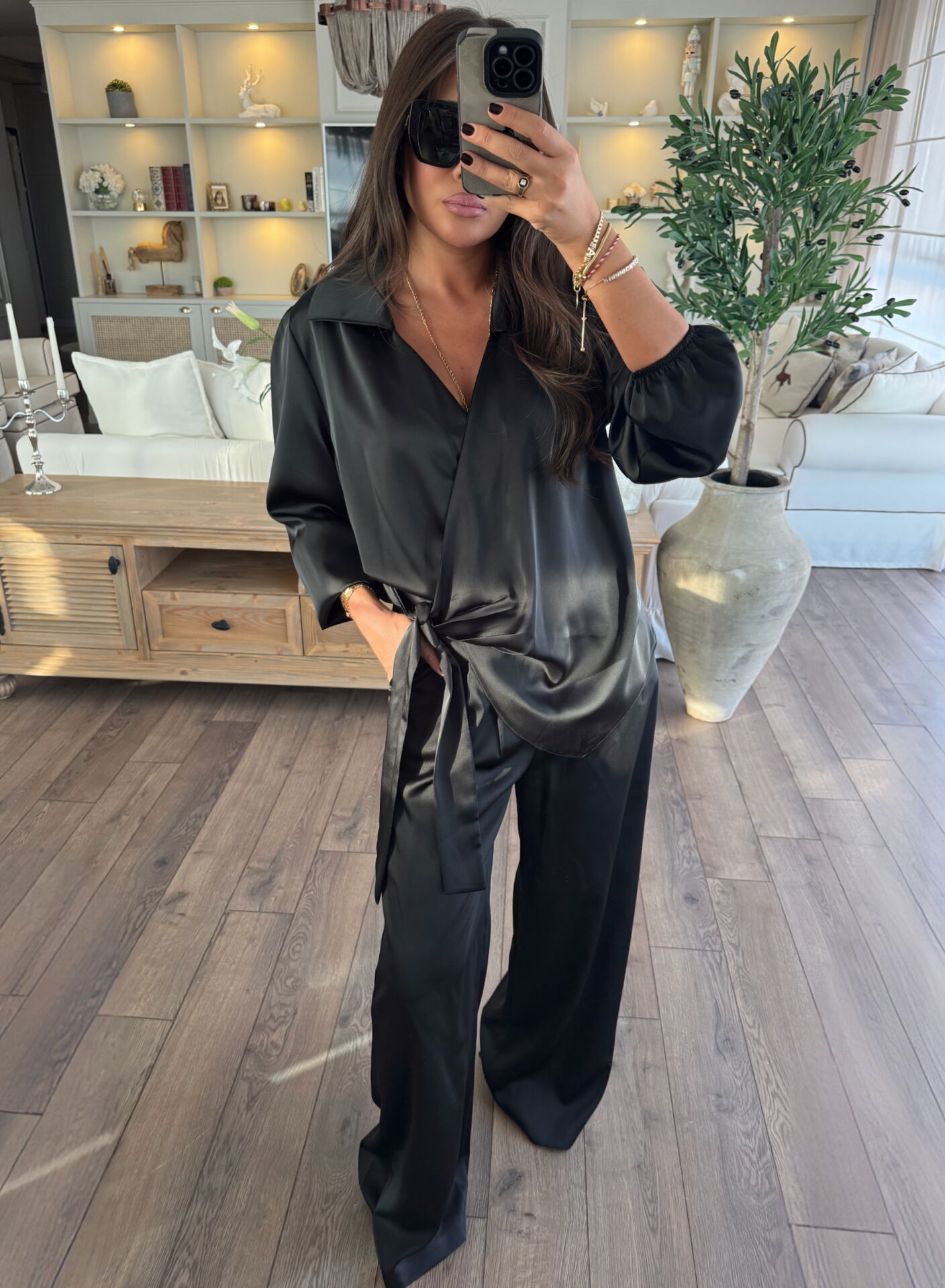 Saten gömlek & palazzo pantolon takım