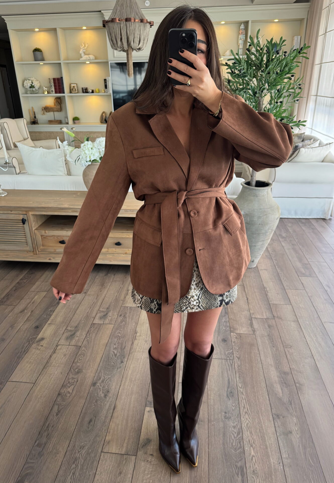 Kuşaklı süet ceket