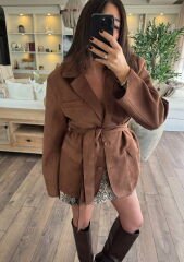 Kuşaklı süet ceket