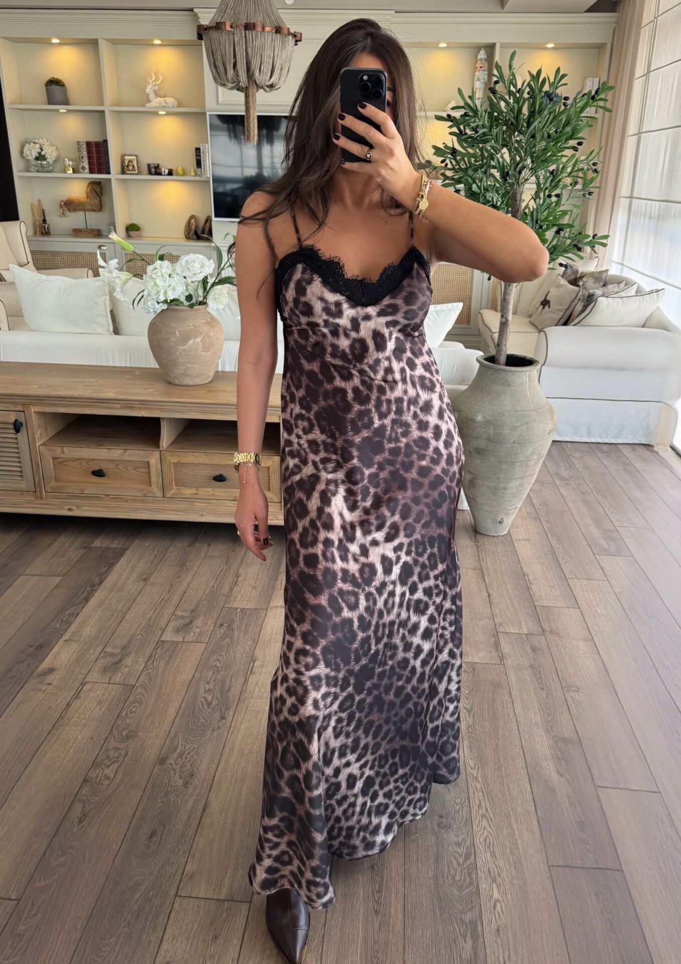 Leopar saten elbise