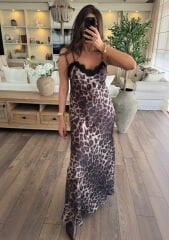 Leopar saten elbise