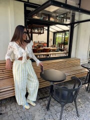 GARNİLİ KOTON ÇİZGİLİ PANTOLON SARI