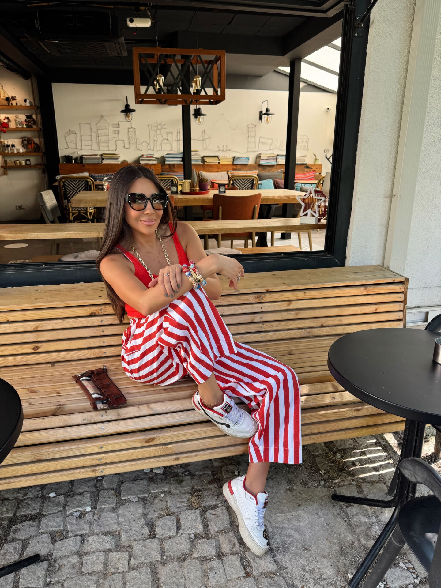 GARNİLİ KOTON ÇİZGİLİ PANTOLON KIRMIZI