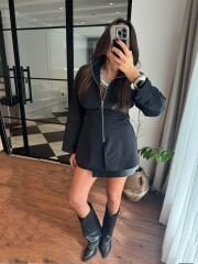 Siyah belden oturan fermuar detaylı poplin gömlek