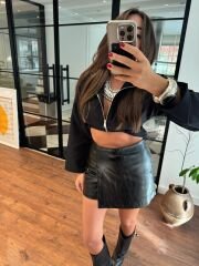 Eskitme deri şort etek siyah