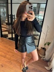 Eskitme deri şort etek siyah