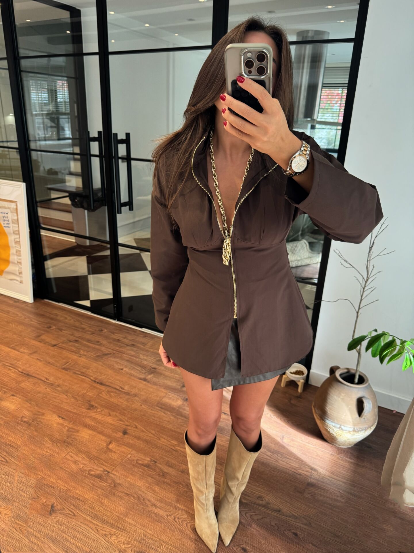 Acı kahve belden oturan gold fermuarlı poplin gömlek