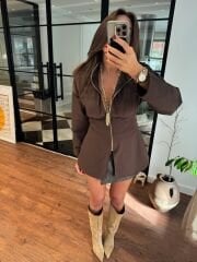 Acı kahve belden oturan gold fermuarlı poplin gömlek