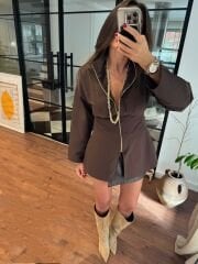 Acı kahve belden oturan gold fermuarlı poplin gömlek