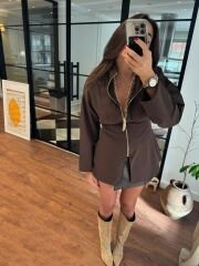 Acı kahve belden oturan gold fermuarlı poplin gömlek