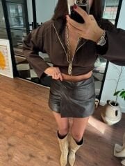 Acı kahve eskitme deri şort etek