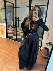 Pileli crep baggy pantolon