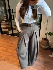 Pileli crep baggy pantolon kahve