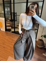 Pileli crep baggy pantolon kahve