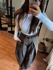 Pileli crep baggy pantolon kahve