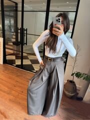 Pileli crep baggy pantolon kahve