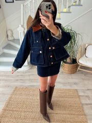 Kadife yakalı 2’li denim takım