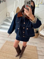 Kadife yakalı 2’li denim takım
