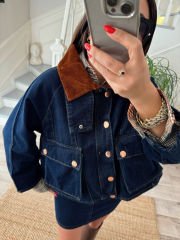 Kadife yakalı 2’li denim takım