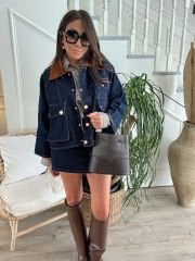 Kadife yakalı 2’li denim takım