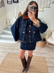 Kadife yakalı 2’li denim takım