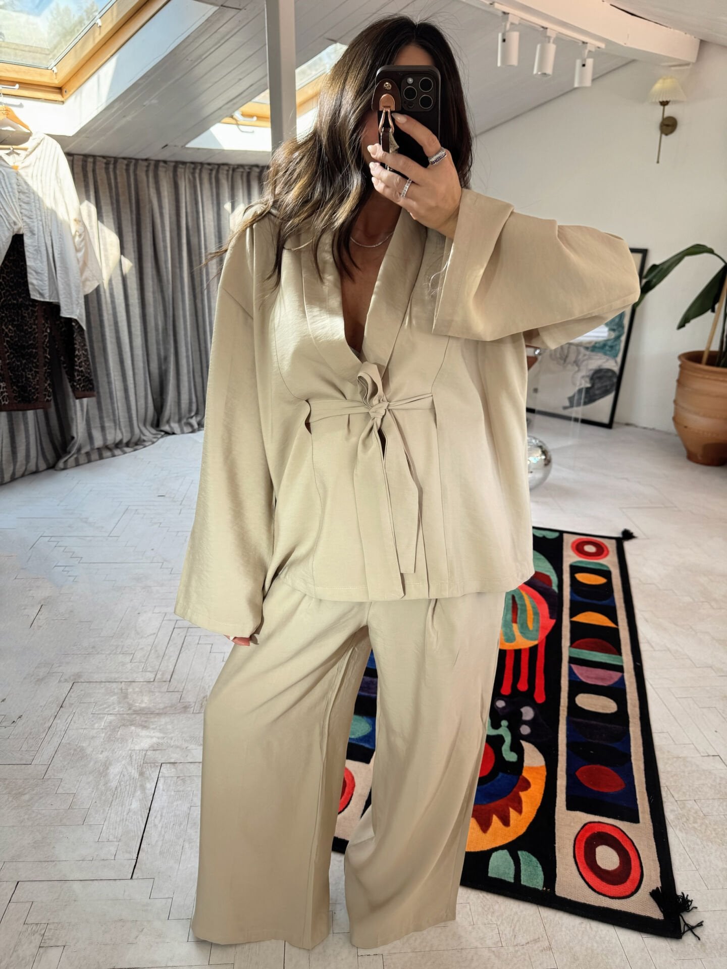 Tensel kumaş kimono takım taş renk